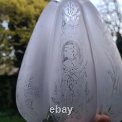 Original Victorian Ribbed Melon Section Glass Oil Lamp Shade Duplex Etched Birds