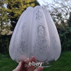 Original Victorian Ribbed Melon Section Glass Oil Lamp Shade Duplex Etched Birds