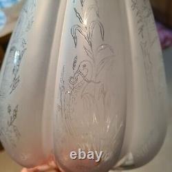 Original Victorian Ribbed Melon Section Glass Oil Lamp Shade Duplex Etched Birds