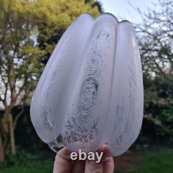 Original Victorian Ribbed Melon Section Glass Oil Lamp Shade Duplex Etched Birds