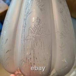 Original Victorian Ribbed Melon Section Glass Oil Lamp Shade Duplex Etched Birds