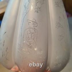 Original Victorian Ribbed Melon Section Glass Oil Lamp Shade Duplex Etched Birds