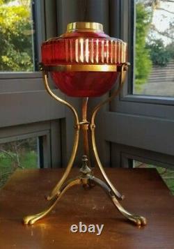 Original Victorian Ruby Red Cranberry Cut Glass drop in Oil Lamp font and base