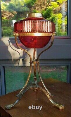 Original Victorian Ruby Red Cranberry Cut Glass drop in Oil Lamp font and base