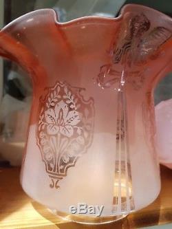 Original Victorian Salmon pink peach etched moulded glass duplex oil lamp base