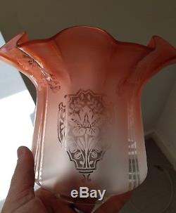 Original Victorian Salmon pink peach etched moulded glass duplex oil lamp base