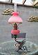 Original Victorian Satin Pink Glass Oil Lamp Shade Font Burner Brass Dragon Base