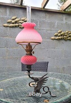 Original Victorian Satin Pink Glass Oil Lamp Shade Font Burner Brass Dragon Base