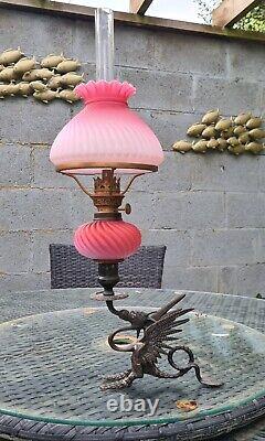 Original Victorian Satin Pink Glass Oil Lamp Shade Font Burner Brass Dragon Base