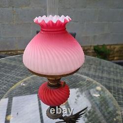 Original Victorian Satin Pink Glass Oil Lamp Shade Font Burner Brass Dragon Base