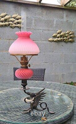 Original Victorian Satin Pink Glass Oil Lamp Shade Font Burner Brass Dragon Base