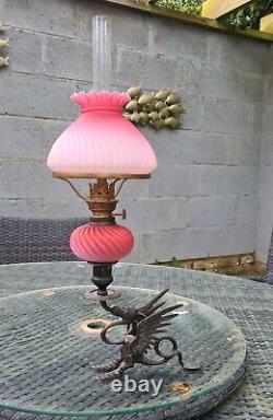 Original Victorian Satin Pink Glass Oil Lamp Shade Font Burner Brass Dragon Base