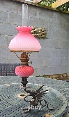 Original Victorian Satin Pink Glass Oil Lamp Shade Font Burner Brass Dragon Base