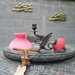 Original Victorian Satin Pink Glass Oil Lamp Shade Font Burner Brass Dragon Base