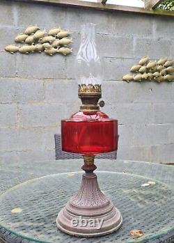 Original Victorian Sherwoods Cranberry Facet Cut Glass Oil Lamp Shade Font Base