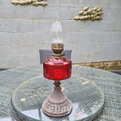 Original Victorian Sherwoods Cranberry Facet Cut Glass Oil Lamp Shade Font Base