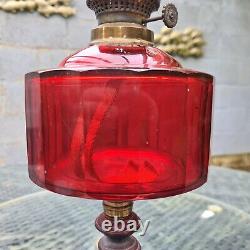 Original Victorian Sherwoods Cranberry Facet Cut Glass Oil Lamp Shade Font Base