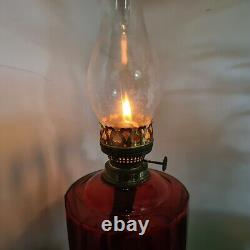 Original Victorian Sherwoods Cranberry Facet Cut Glass Oil Lamp Shade Font Base