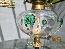 Original Victorian Tadpole Art Glass Green Oil Lamp Font and Shade Stuart