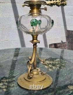 Original Victorian Tadpole Art Glass Green Oil Lamp Stuart Font Brass Base