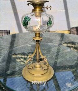 Original Victorian Tadpole Art Glass Green Oil Lamp Stuart Font Brass Base