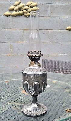Original Victorian Walker & Hall Silver Plated Oil Lamp With Glass Chimney