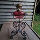 Original Victorian Wrought Iron Oil Lamp Cranberry Cut Glass Drop In Font Burner