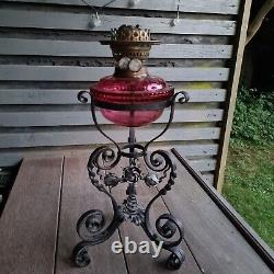 Original Victorian Wrought Iron Oil Lamp Cranberry Cut Glass Drop In Font Burner