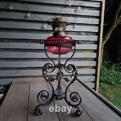 Original Victorian Wrought Iron Oil Lamp Cranberry Cut Glass Drop In Font Burner