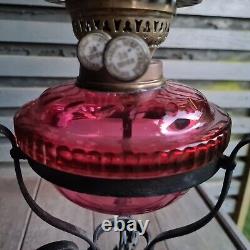 Original Victorian Wrought Iron Oil Lamp Cranberry Cut Glass Drop In Font Burner