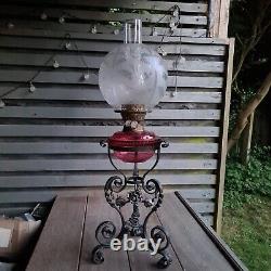 Original Victorian Wrought Iron Oil Lamp Cranberry Cut Glass Drop In Font Burner