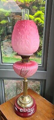 Original Victorian satin glass Cranberry Pink font oil lamp shade Complete A1