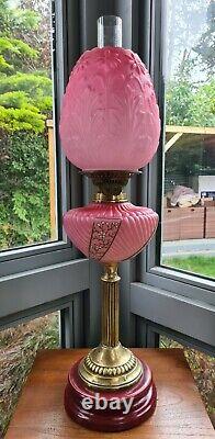 Original Victorian satin glass Cranberry Pink font oil lamp shade Complete A1