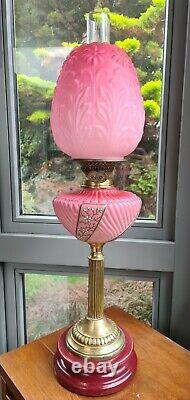 Original Victorian satin glass Cranberry Pink font oil lamp shade Complete A1