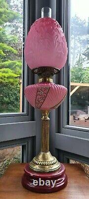 Original Victorian satin glass Cranberry Pink font oil lamp shade Complete A1