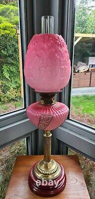 Original Victorian satin glass Cranberry Pink font oil lamp shade Complete A1