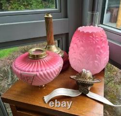 Original Victorian satin glass Cranberry Pink font oil lamp shade Complete A1