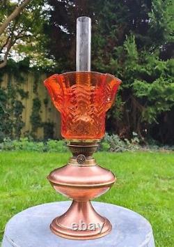 Original Working Clean Copper Brass Kosmos Brenner Oil Lamp Arsenic Orange Shade