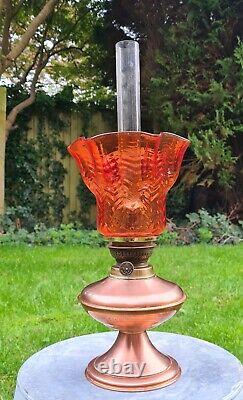 Original Working Clean Copper Brass Kosmos Brenner Oil Lamp Arsenic Orange Shade