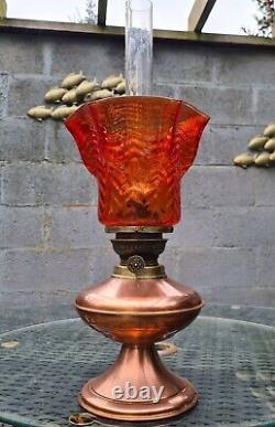 Original Working Clean Copper Brass Kosmos Brenner Oil Lamp Arsenic Orange Shade