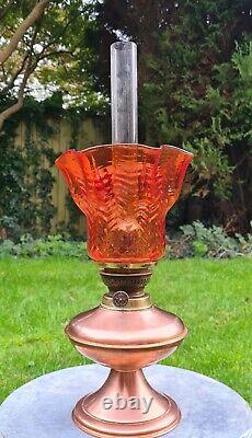 Original Working Clean Copper Brass Kosmos Brenner Oil Lamp Arsenic Orange Shade