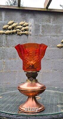 Original Working Clean Copper Brass Kosmos Brenner Oil Lamp Arsenic Orange Shade