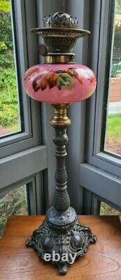 Original victorian cast metal base pink glass oil lamp font 21mm bayonet burner