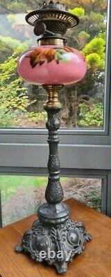 Original victorian cast metal base pink glass oil lamp font 21mm bayonet burner