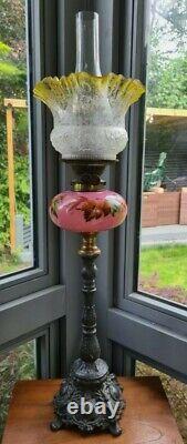 Original victorian cast metal base pink glass oil lamp font 21mm bayonet burner