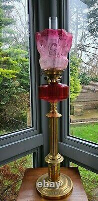 Original victorian cranberry acid etched glass kerosene paraffin oil lamp shade