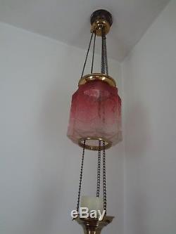 Original victorian cranberry etched glass rise &fall oil lantern beautiful shape