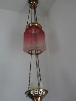 Original victorian cranberry etched glass rise &fall oil lantern beautiful shape