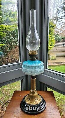 Original victorian working blue glass oil lamp kerosene paraffin complete duplex