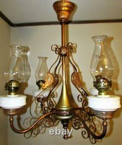 Ornate Antique Brass 4 Arm Oil Kerosene Hanging Lamp Chandelier + Fonts, Burners